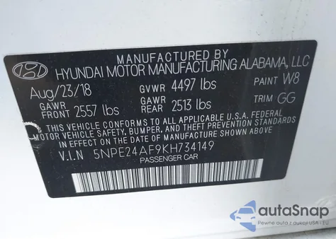 2019 Hyundai Sonata Se z USA, uszkodzony, nr VIN 5NPE24AF9KH734149